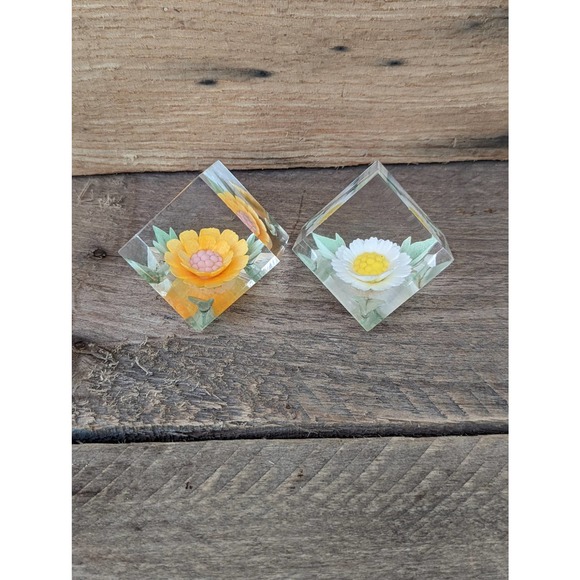 Vintage Set of Two Russ Berrie Lucite Flower Cubes - Picture 1 of 7